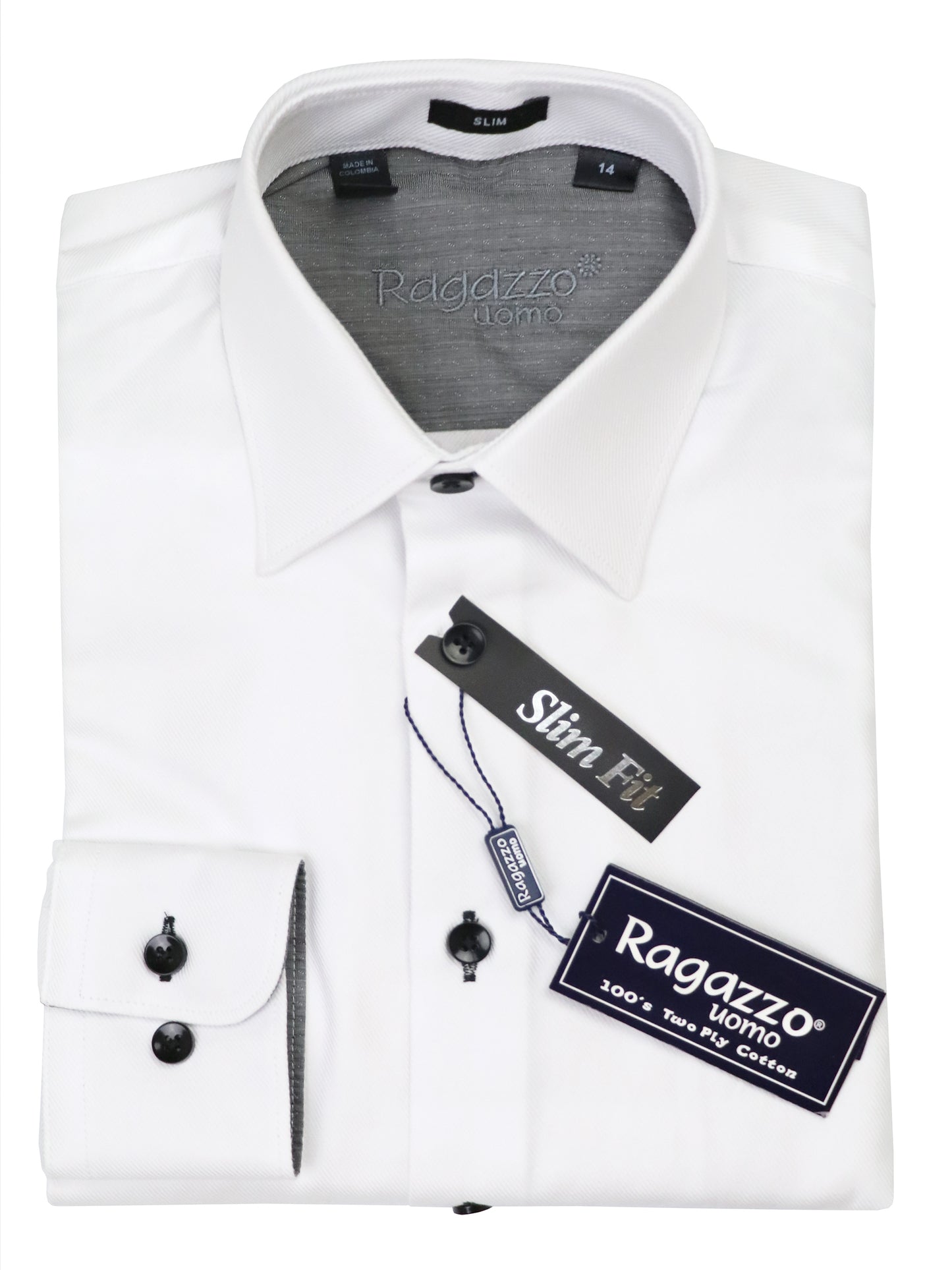 Ragazzo 37554 Boy's Long Sleeve Sport Shirt - Diagonal Tonal Weave - Slim Fit - White/Black