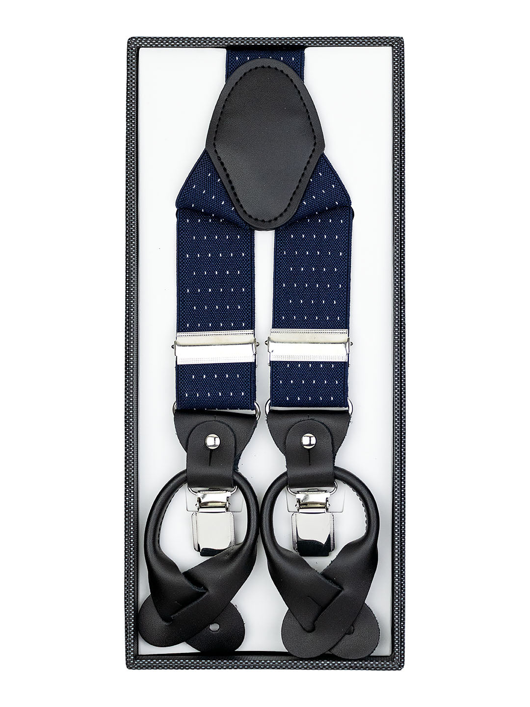 Bruno Piattelli 40704 Convertible Suspenders - Pin Dot - Navy/White