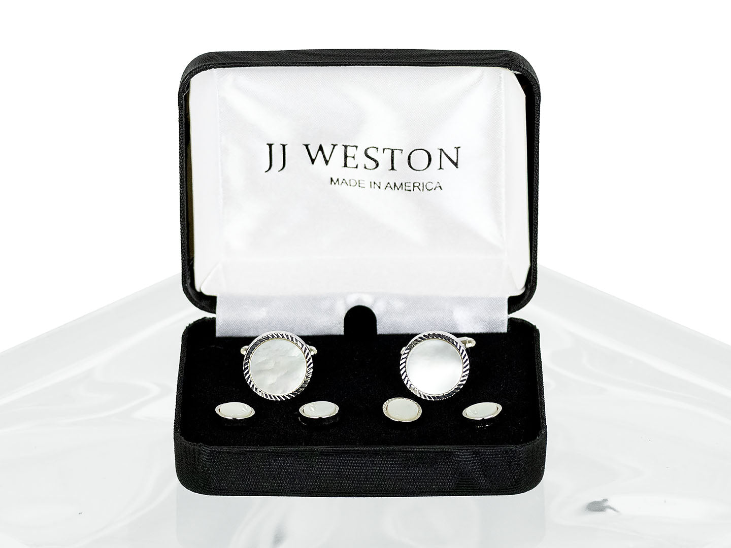 JJ Weston 40713 Cufflinks & Studs Formal Set - Diamond Cut Edge - Silver Mother of Pearl