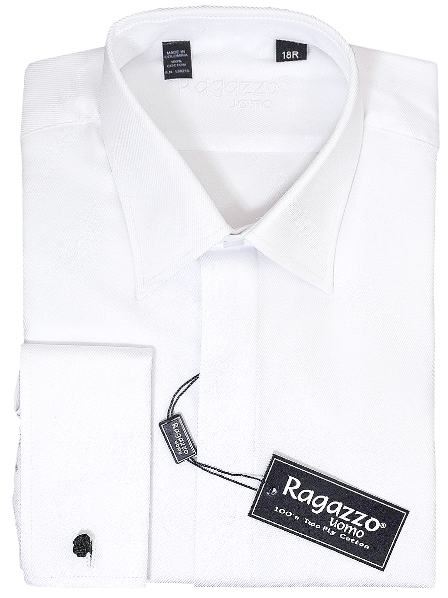 Ragazzo 8219 Boy's Dress Shirt - French Cuff - Tonal Diagonal Weave - White 10 HUSKY / White