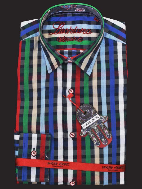 Luchiano Visconti 12861 100% Cotton Boy's Dress Shirt - Plaid - Blue