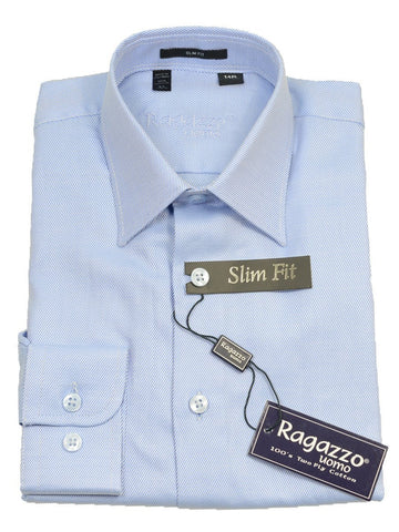 Image of Ragazzo 14085 Sky Blue Slim Fit Boy's Dress Shirt - Tonal Diagonal Weave - 100% Cotton Boys Dress Shirt Ragazzo 8 SLIM Sky Blue MODIFIED SPREAD COLLAR (right)
