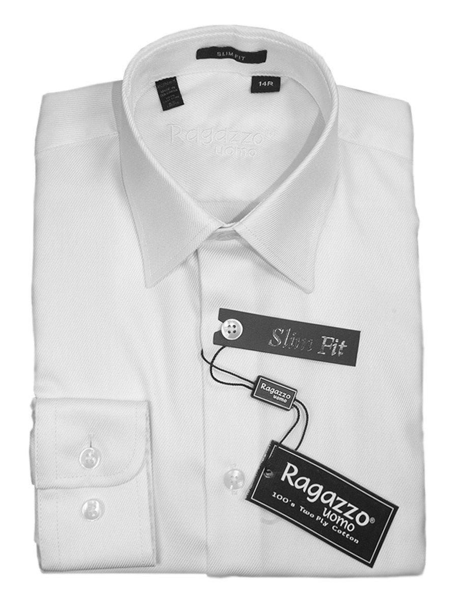 Ragazzo 15912 White Slim Fit Boy's Dress Shirt - Diagonal Tonal Weave - 100% Cotton - English (or modified) Spread Collar - Button Cuff Boys Dress Shirt Ragazzo