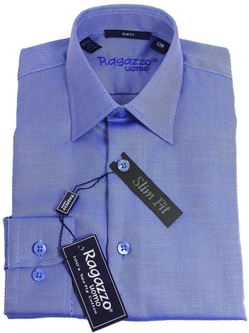 Image of Ragazzo 15919 French Blue Slim Fit Boy's Dress Shirt - Diagonal Tonal Weave - 100% Cotton - English Spread Collar - Button Cuff