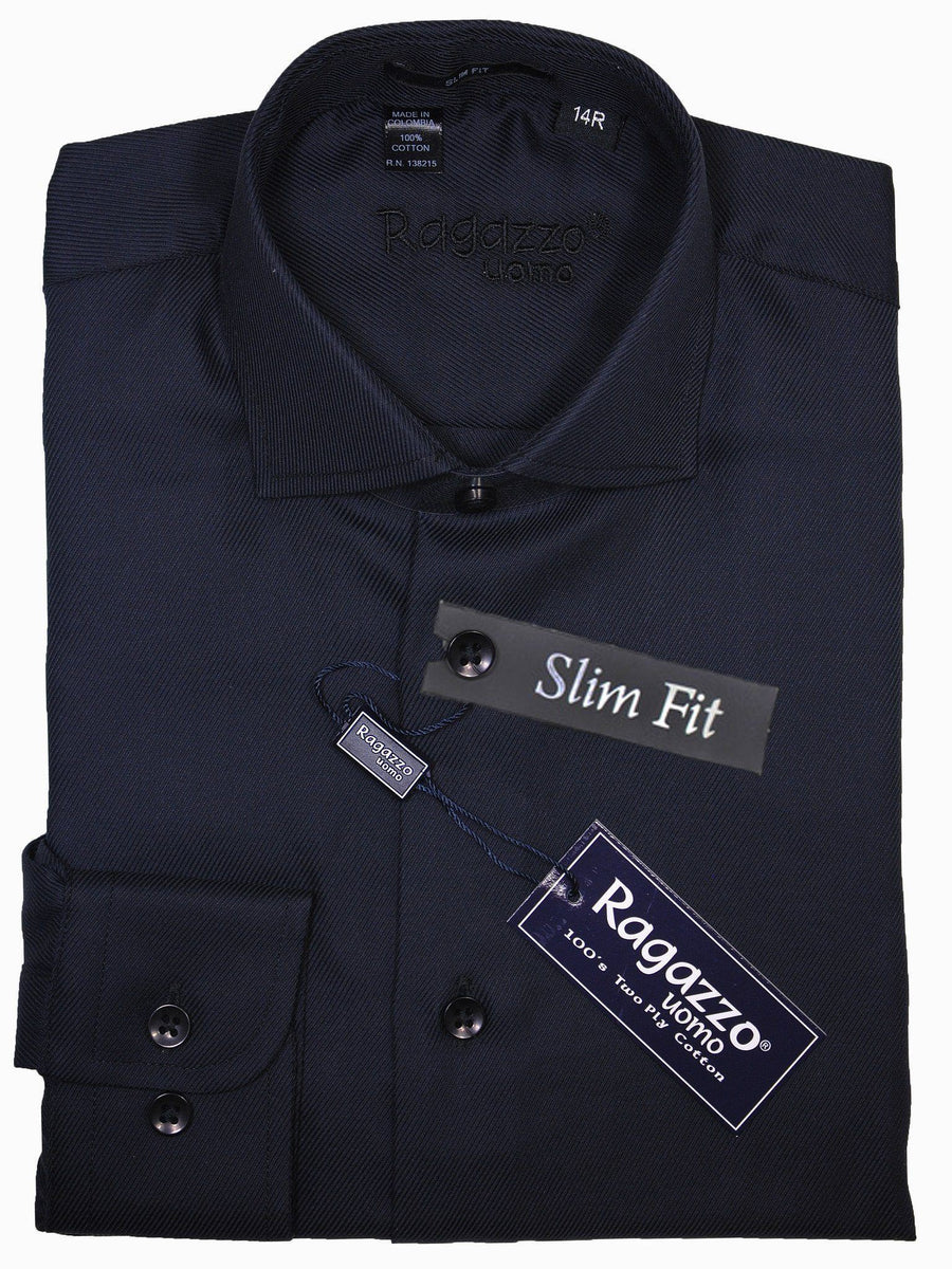 Ragazzo 15926 Black Slim Fit Boy's Dress Shirt - Diagonal Tonal Weave - 100% Cotton - English Spread Collar - Button Cuff