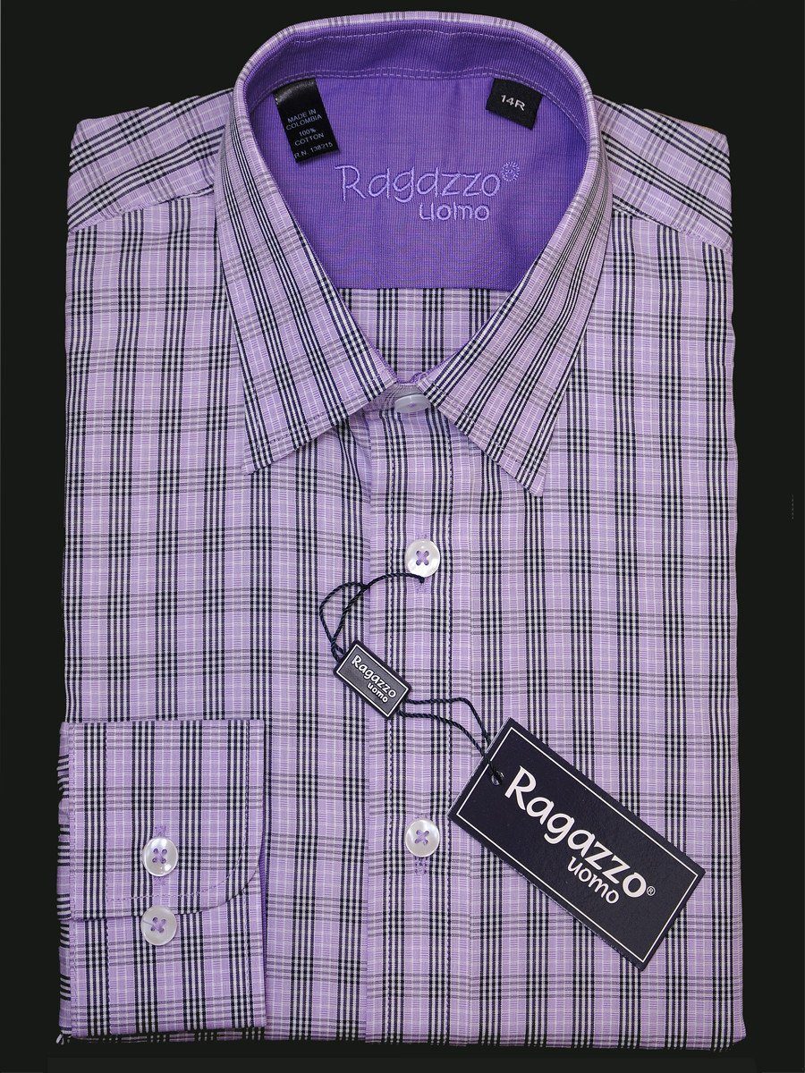 Ragazzo 15961 100% Cotton Boy's Dress Shirt - Plaid - Lavender and black, Long Sleeve