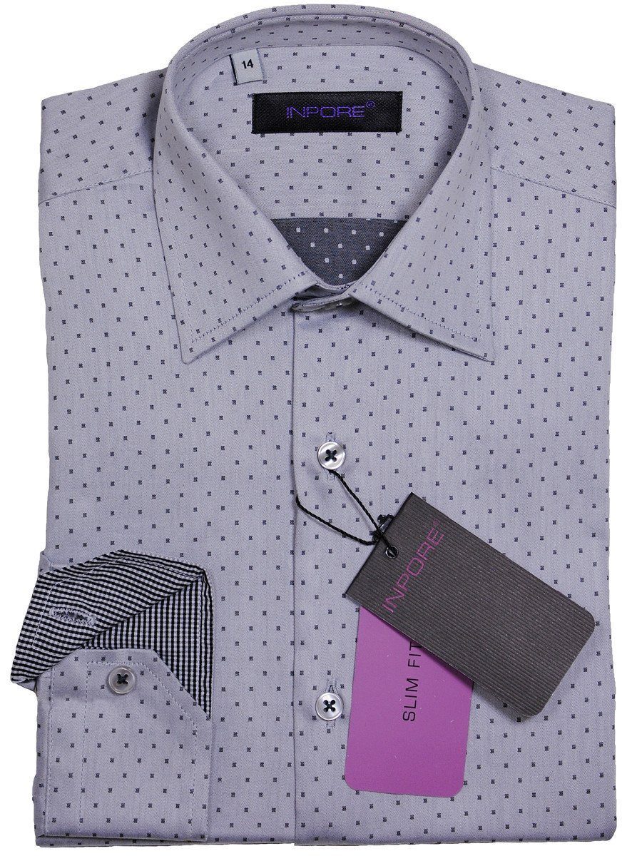 Inpore 16859 Grey Slim Fit Boy's Dress Shirt - Pin Dot - 100% Cotton - Long Sleeve - Contrast cuffs with buttons