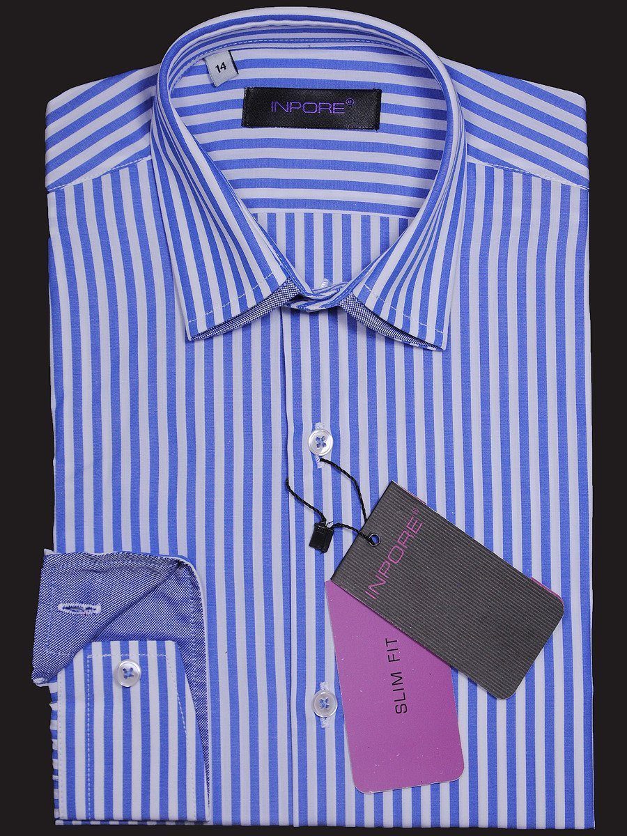 Inpore 16866 100% Cotton Boy's Dress Shirt - Stripe - Blue/White, Long Sleeve