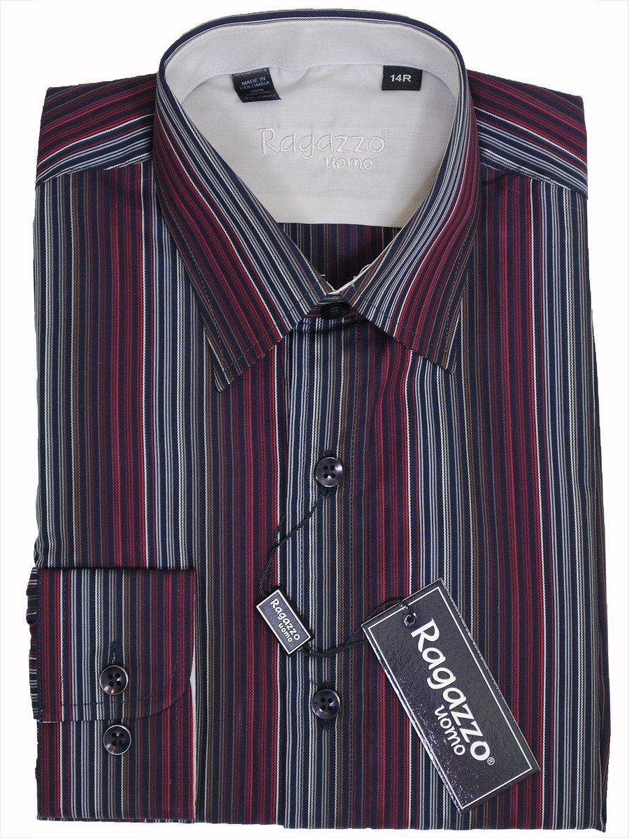 Ragazzo 17012 100% Cotton Boy's Dress Shirt - Stripe - Navy/Multi