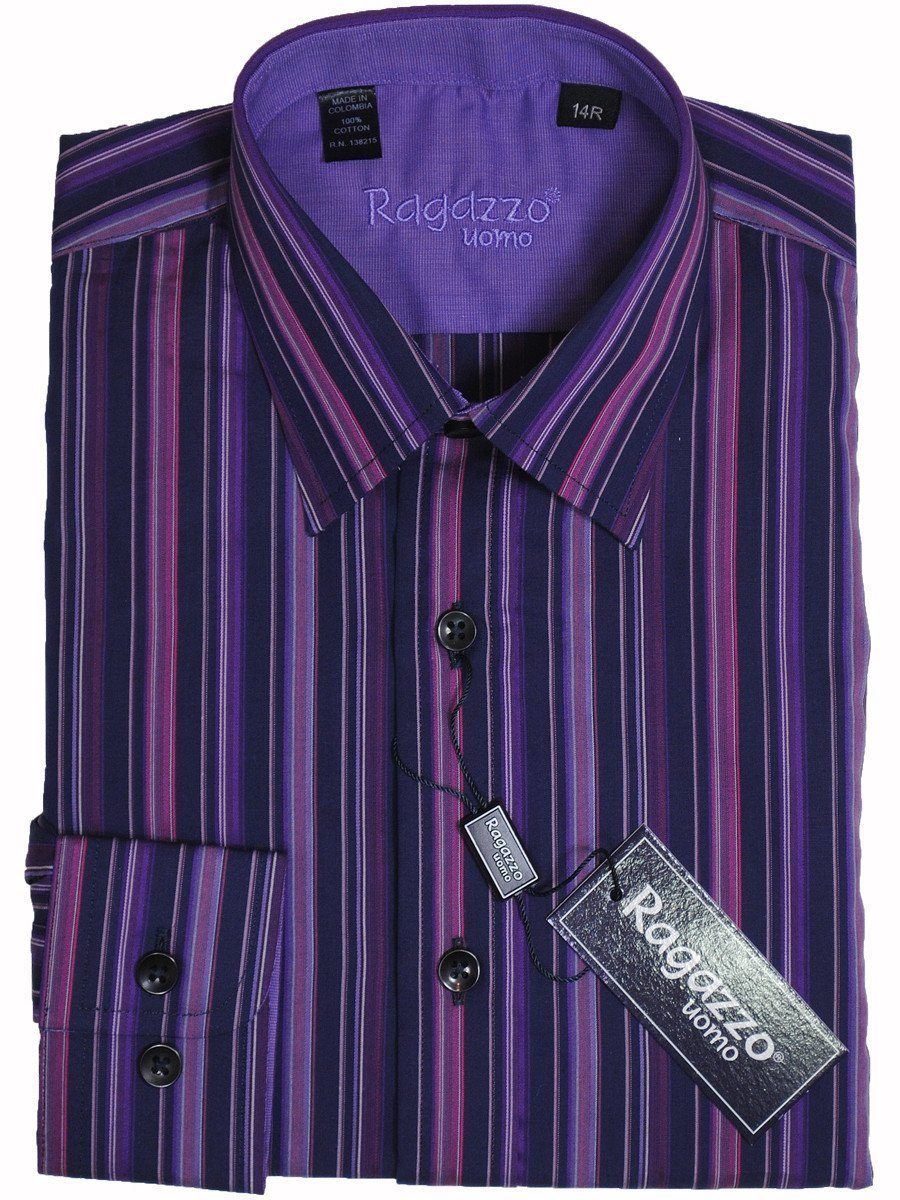 Ragazzo 17023 100% Cotton Boy's Dress Shirt - Stripe - Purple/Multi