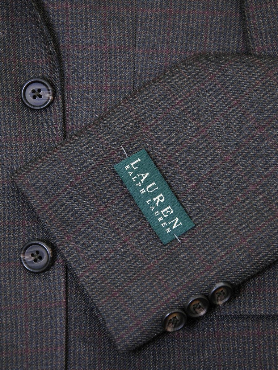 Lauren Ralph Lauren 18141 65% Polyester / 35% Rayon Boy's Sportcoat - Muted Plaid with Burgundy - Brown / Black, 2-Button Single Breasted Boys Sport Coat Lauren