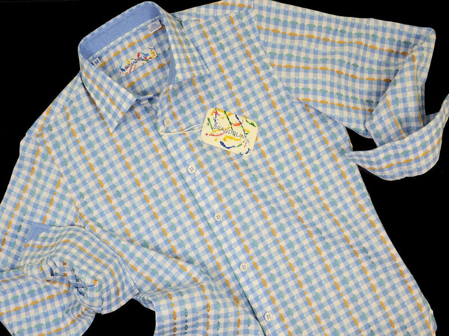 Brandolini 18670 100% Cotton Boy's Sport Shirt - Dobby Checks - Blue/Green/Orange, Modified Spread Collar Boys Sport Shirt Brandolini 