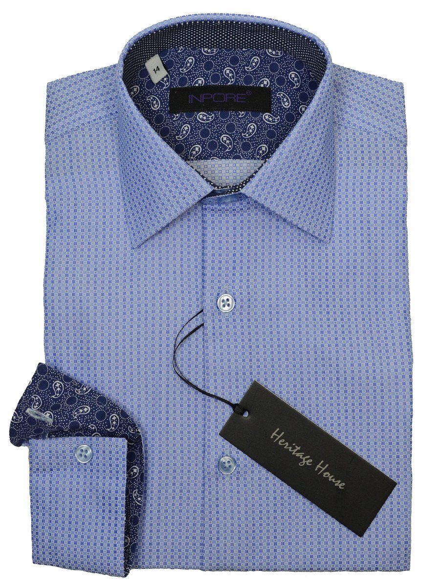 Inpore 18984 100% Cotton Boy's Dress Shirt - Neat Design - Blue, Contemporary Slim Fit Boys Dress Shirt Inpore 