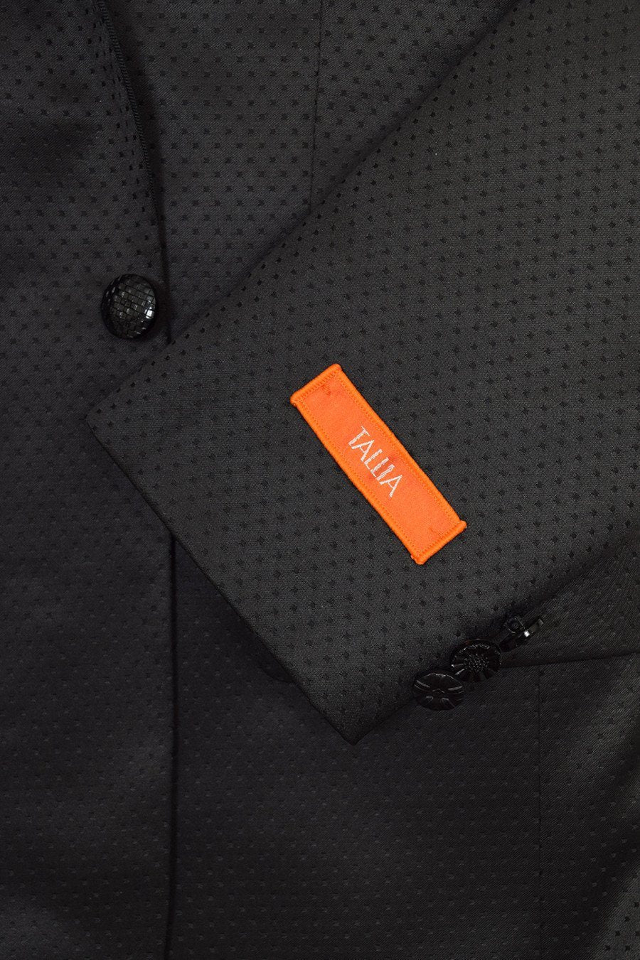 Tallia Orange 19058 85% Polyester / 15% Rayon Boy's Dinner Jacket Sport Coat - Satin Tonal Dot - Black, 2-Button Single Breasted Boys Sport Coat Tallia
