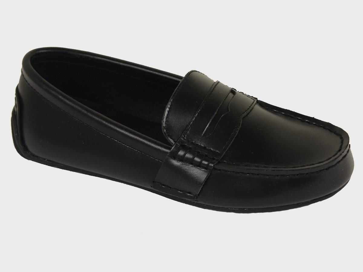 Polo 20058 100% Leather and Lining Boy's Loafer Shoes - Driving Penny - Black, Rubber Sole with treaded heel Boys Shoes Polo