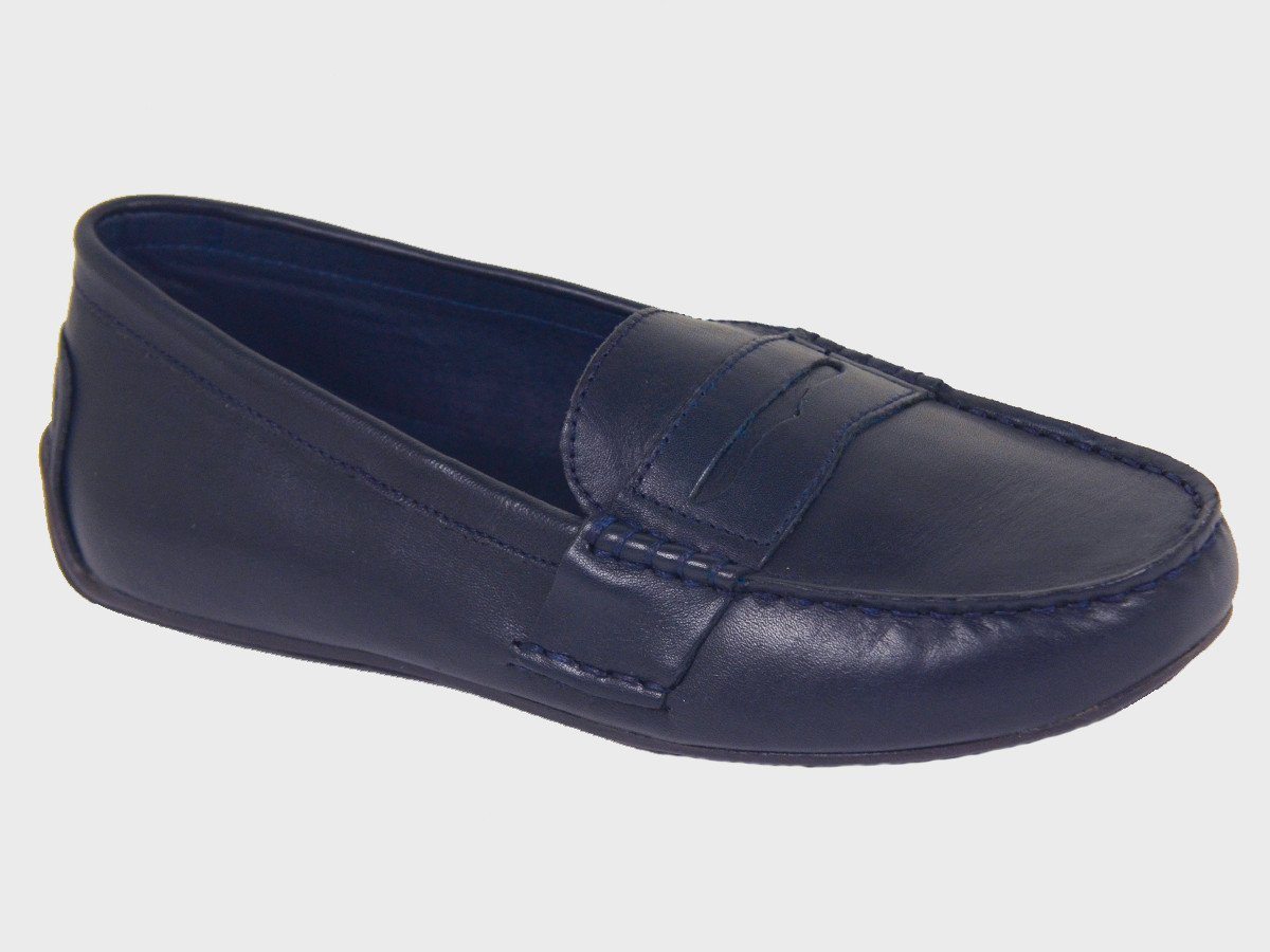 Polo 20074 100% Leather and Lining Boy's Loafer Shoes - Driving Penny - Navy, Top Stitching at the toe Boys Shoes Polo