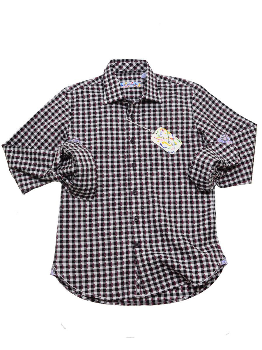 Brandolini 20356 100% Cotton Boy's Sport Shirt - Dobby Checks - Bordeaux/White, Modified Spread Collar Boys Sport Shirt Brandolini 