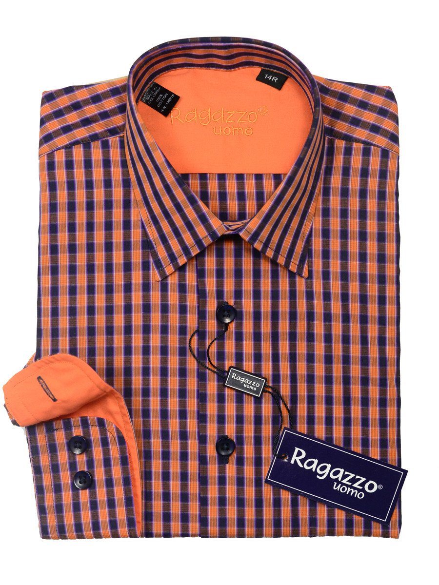 Ragazzo 20426 100% Cotton Boy's Sport Shirt - Check - Orange/Purple, Modified Spread Collar Boys Sport Shirt Ragazzo 
