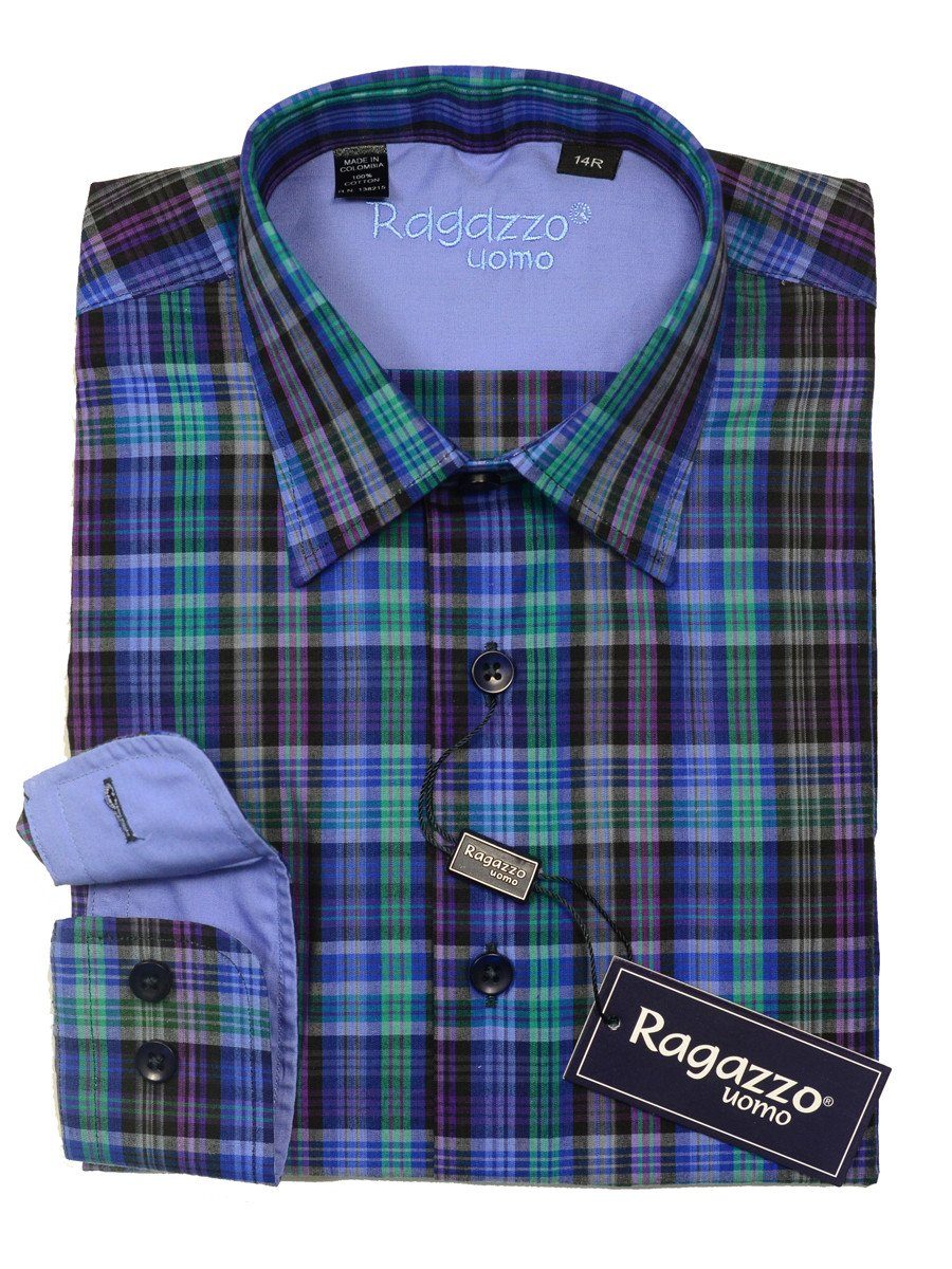 Ragazzo 20438 100% Cotton Boy's Sport Shirt - Plaid - Blue/Green/Purple, Modified Spread Collar Boys Dress Shirt Ragazzo