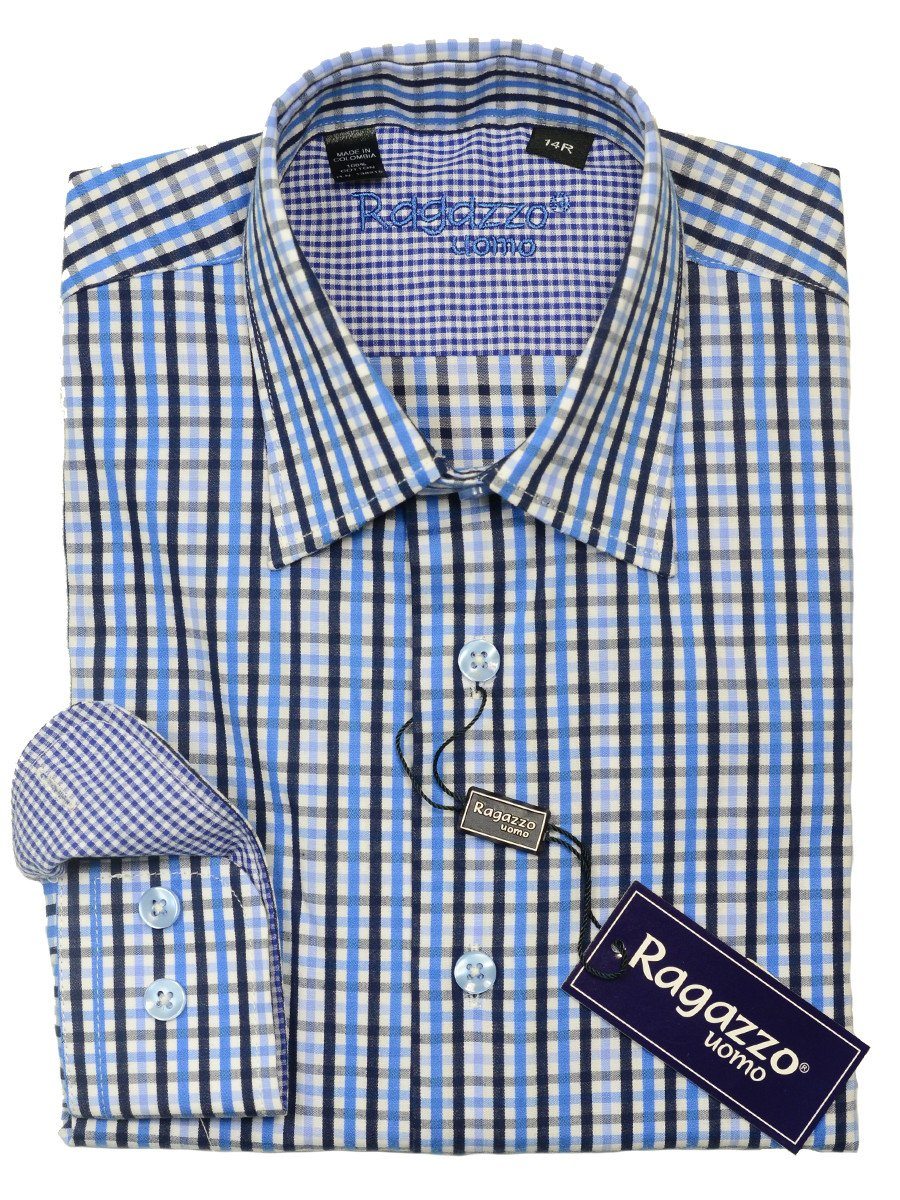 Ragazzo 20445 100% Cotton Boy's Sport Shirt - Plaid - Blue/White, Modified Spread Collar Boys Dress Shirt Ragazzo