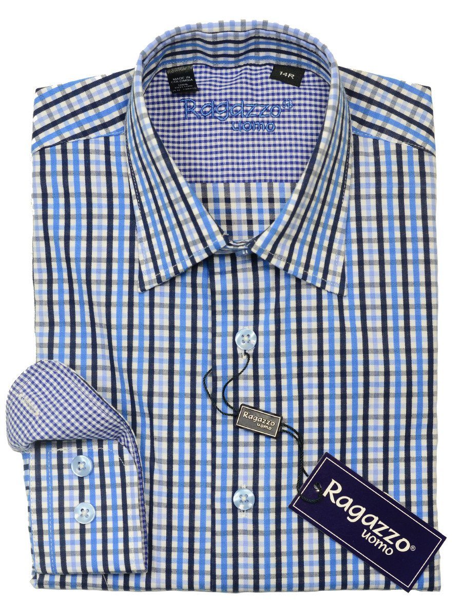 Ragazzo 20445 100% Cotton Boy's Sport Shirt - Plaid - Blue/White, Modified Spread Collar Boys Dress Shirt Ragazzo 