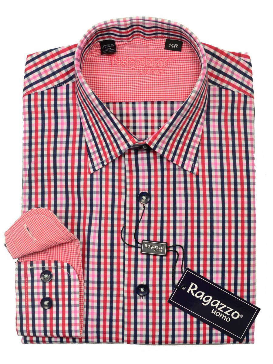 Ragazzo 20452 100% Cotton Boy's Sport Shirt - Plaid - Red/Pink/Navy, Modified Spread Collar Boys Dress Shirt Ragazzo 