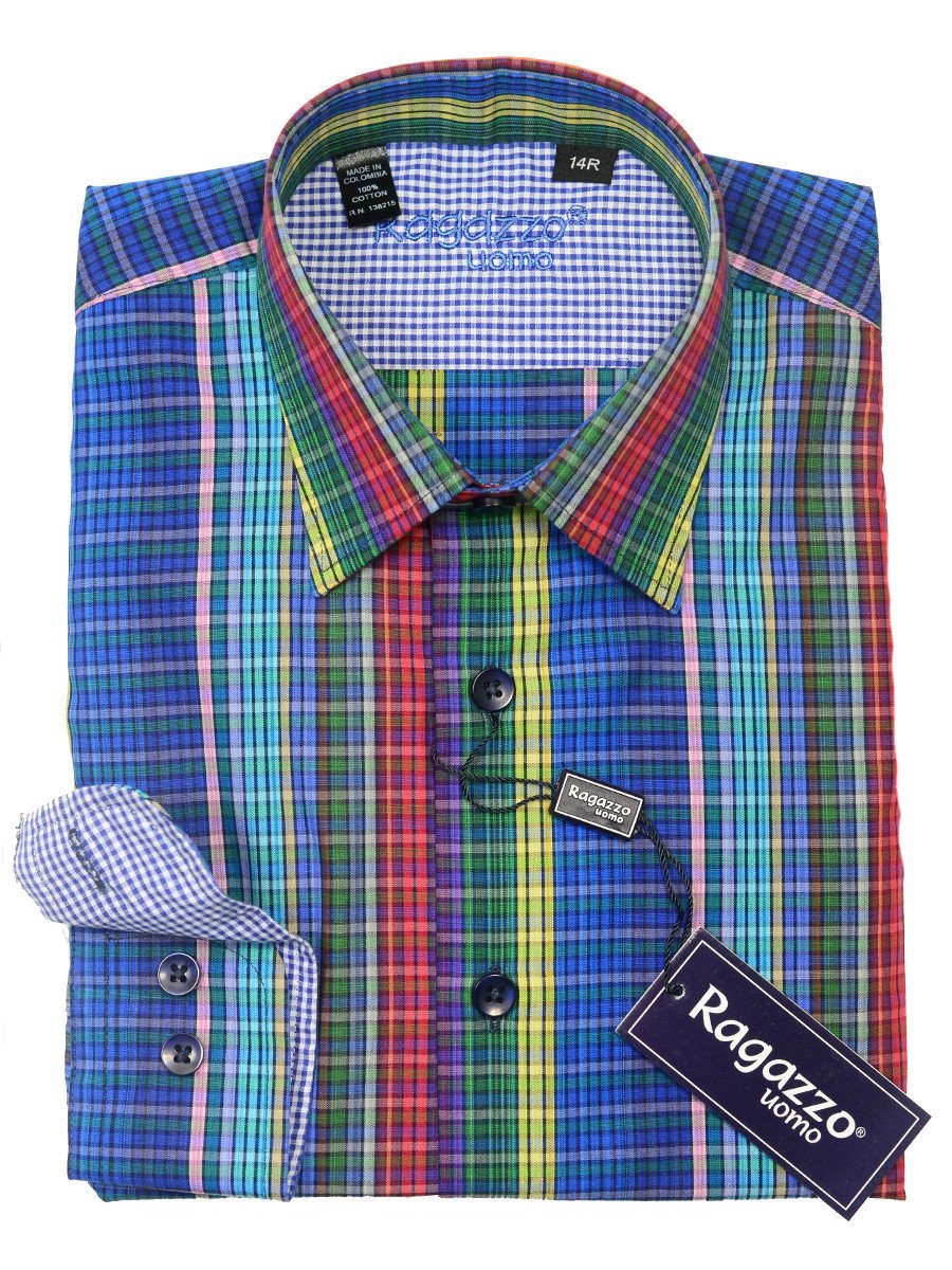 Ragazzo 20459 100% Cotton Boy's Sport Shirt - Plaid - Blue/Multi, Modified Spread Collar Boys Dress Shirt Ragazzo