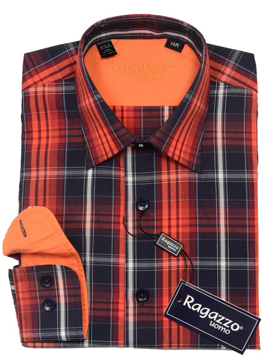 Ragazzo 20466 100% Cotton Boy's Sport Shirt - Plaid - Orange/Navy, Modified Spread Collar Boys Dress Shirt Ragazzo 