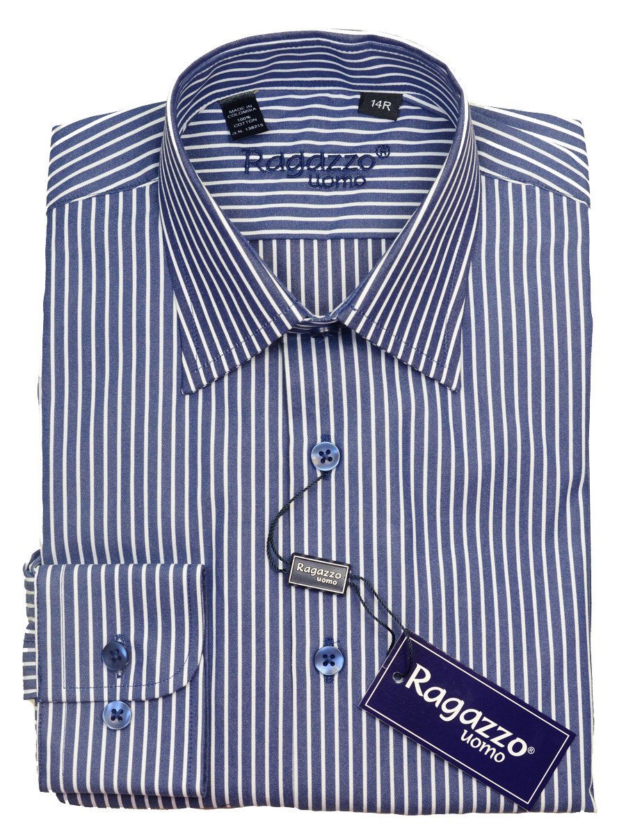 Ragazzo 20604 100% Brushed Cotton Boy's Dress Shirt - Stripe - Blue / White, Modified Spread Collar Boys Dress Shirt Ragazzo