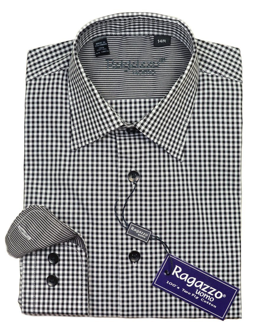 Ragazzo 20615 100% Cotton Boy's Dress Shirt - Check - Black / White, Modified Spread Collar Boys Dress Shirt Ragazzo