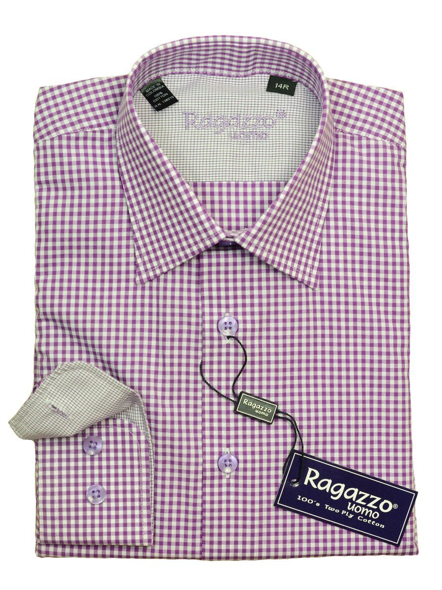 Ragazzo 20622 100% Cotton Boy's Dress Shirt - Check - Purple / White, Modified Spread Collar Boys Dress Shirt Ragazzo