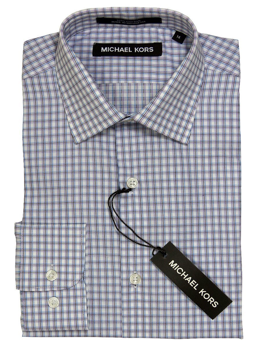 Michael Kors 21176 100% Cotton Boy's Dress Shirt - Plaid - Lilac/White, Modified Spread Collar Boys Dress Shirt Michael Kors 
