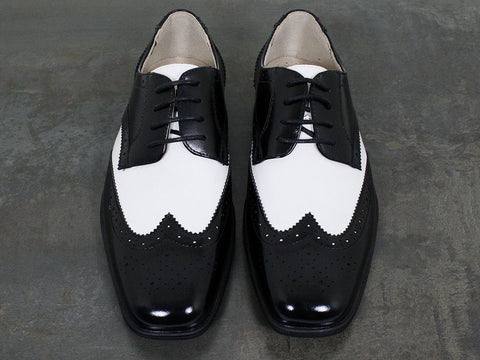 Image of Florsheim 22497 Leather Boy's Shoe - Two Tone Wing Tip - Black And White Boys Shoes Florsheim 