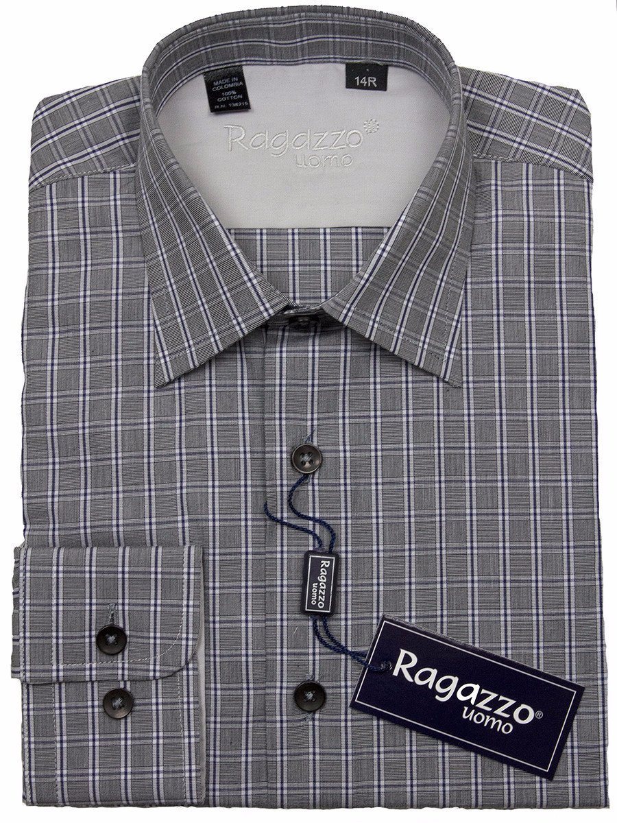 Ragazzo 24421 100% Cotton Boy's Dress Shirt - Plaid - Light Gray Boys Dress Shirt Ragazzo 