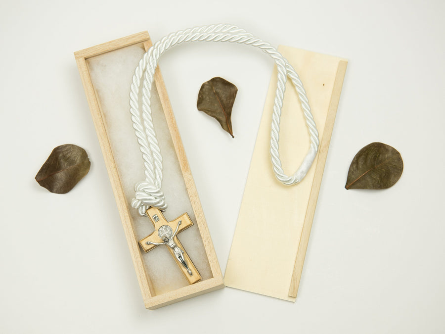 Boy's Communion Cross & Cord 24718 Two Tone Wood/Silver Boys Necklace Heritage House 