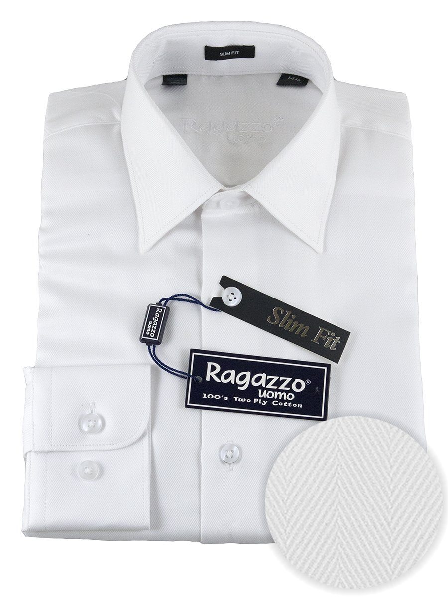 Ragazzo 25520 100% Cotton Boy's Dress Shirt - Slim Fit- Herringbone - White Boys Dress Shirt Ragazzo
