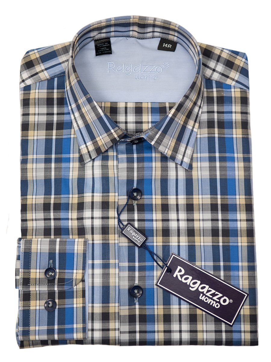 Ragazzo 26299 Boy's Sport Shirt - Cotton - Blue and Khaki, Plaid Long Sleeve Boys Sport Shirt Ragazzo