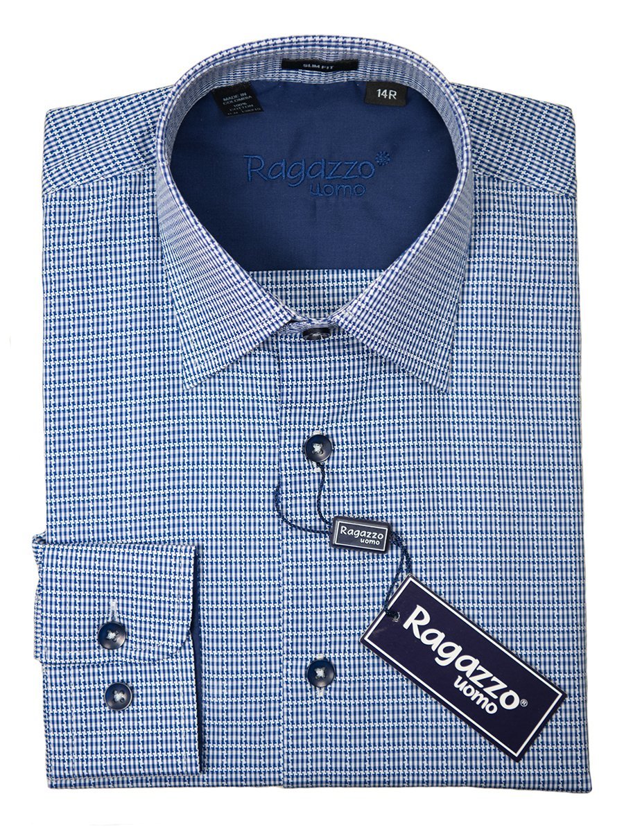 Ragazzo 26313 Boy's Sport Shirt - Cotton - Blue Plaid, Long Sleeve Boys Sport Shirt Ragazzo 