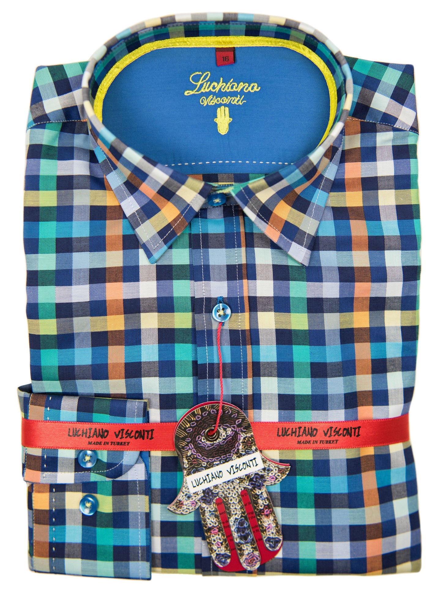 Luchiano Visconti Boy's Sport Shirt 27439 Blue/Orange Plaid Boys Sport Shirt Luchiano Visconti