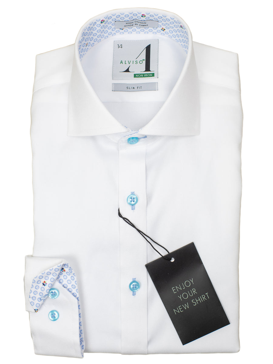 Alviso 29843 Boy's Slim Fit Dress Shirt - Solid Broadcloth - White - Contrast Collar/Cuff