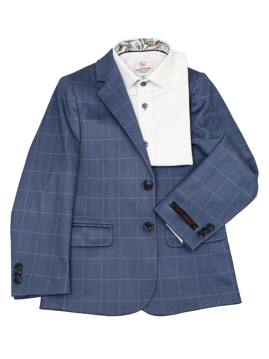 Leo & Zachary 35567 Boy's Suit Separate Jacket - Checks - Mid-Blue