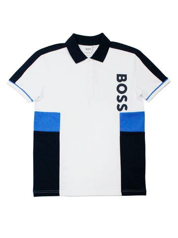 Boss Kidswear 36556 Boy's Short Sleeve Colorblock Polo - White/Navy