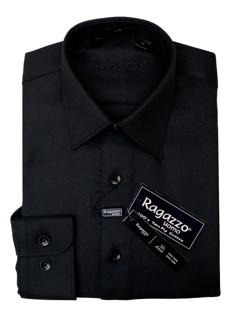 Ragazzo 36627  Boy's Slim Fit Dress Shirt - Tonal Diagonal Weave - Black
