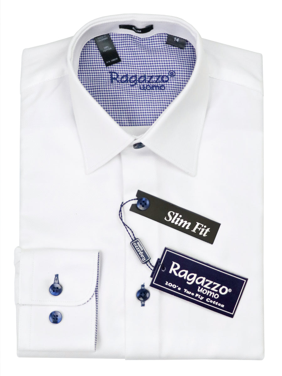 Ragazzo 37547 Boy's Dress Shirt - Diagonal Tonal Weave - Slim Fit - White/Navy