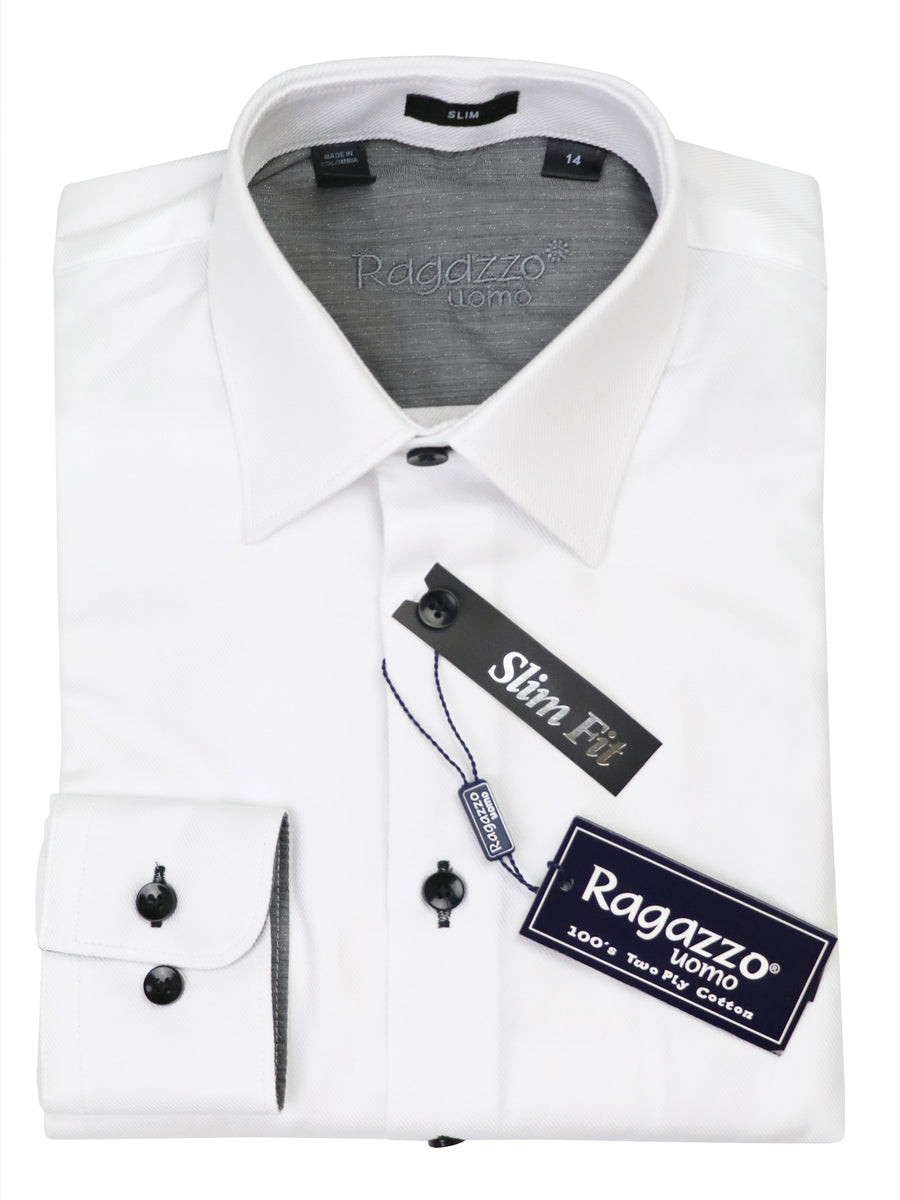 Ragazzo 37554 Boy's Dress Shirt - Diagonal Tonal Weave - Slim Fit - White/Black