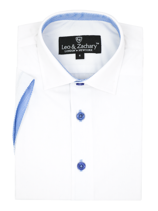 Leo & Zachary 38909 Boy's Short Sleeve Sport Shirt - Solid - White/Blue