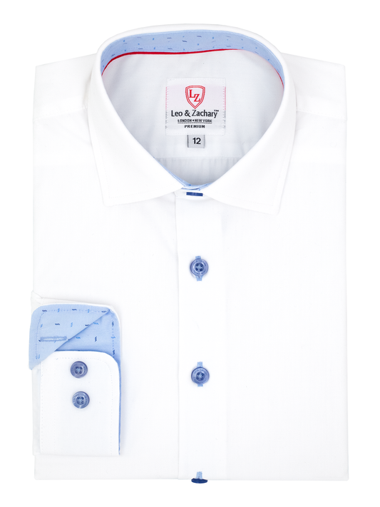 Leo & Zachary 38945 Boy's Long Sleeve Sport Shirt - Solid - White/Light Blue