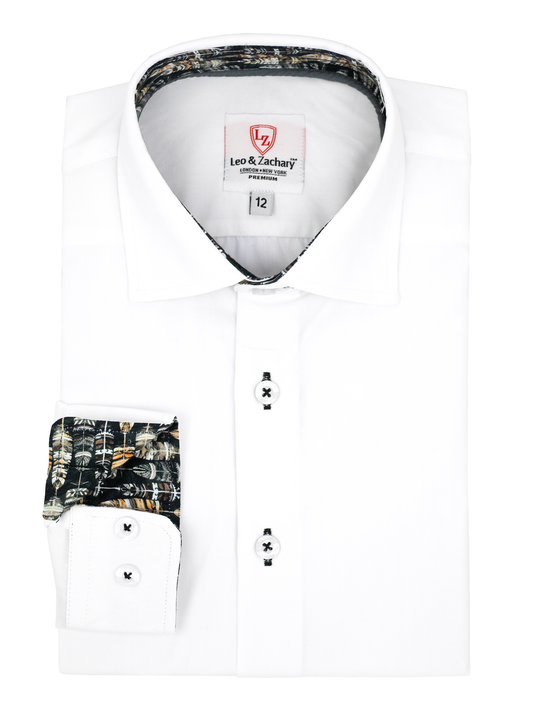 Leo & Zachary 38957 Boy's Long Sleeve Sport Shirt - Solid - White/Black