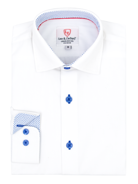 Leo & Zachary 39504 Boy's Long Sleeve Sport Shirt - Solid - White/Blue