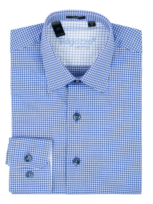 Ragazzo 39568 Boy's Long Sleeve Sport Shirt - Grid - Blue